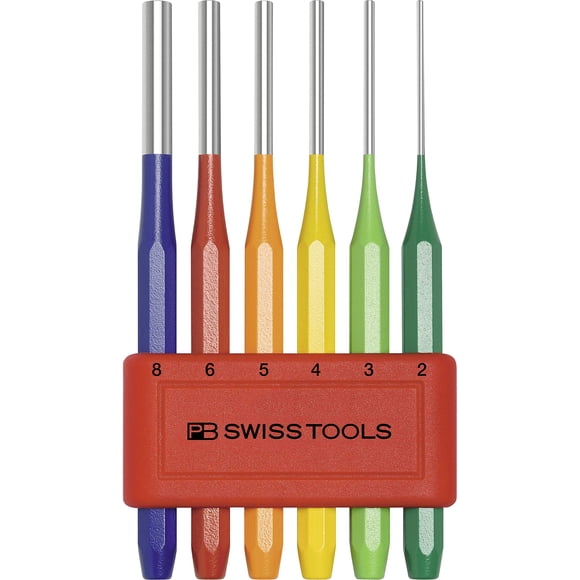 PB Swiss Tools Pin Punch Set PB 755.BL RB CN | 100% Swiss Made | 6-Piece Drift Punch Set RainBow Color Coded, in Practical Holder