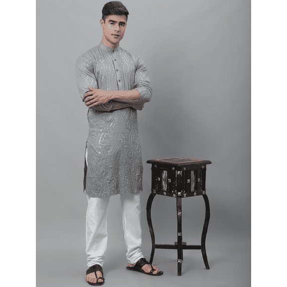 Sojanya (Since 1958) Men'S Pure Cotton Grey Designer Kurta And White Churidar Pyjama Set