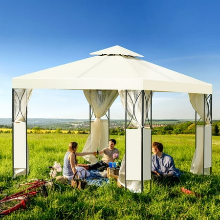 shelter canopy x10 awning tier gazebo tent beige steel netting costway