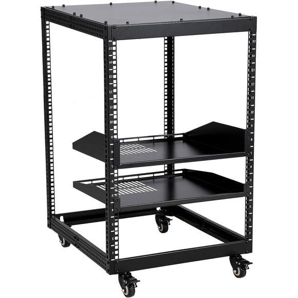 15U Open Frame Server Rack – Adjustable 23"-40" Depth, Freestanding & Wall Mount IT Rack with Lockable Casters, 1u Shelf Included, 500Lbs Capacity for Network, Servers, AV Equipment, Router & Modem