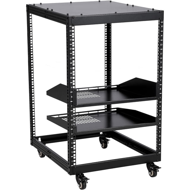15U Open Frame Server Rack – Adjustable 23"-40" Depth, Freestanding & Wall Mount IT Rack with Lockable Casters, 1u Shelf Included, 500Lbs Capacity for Network, Servers, AV Equipment, Router & Modem