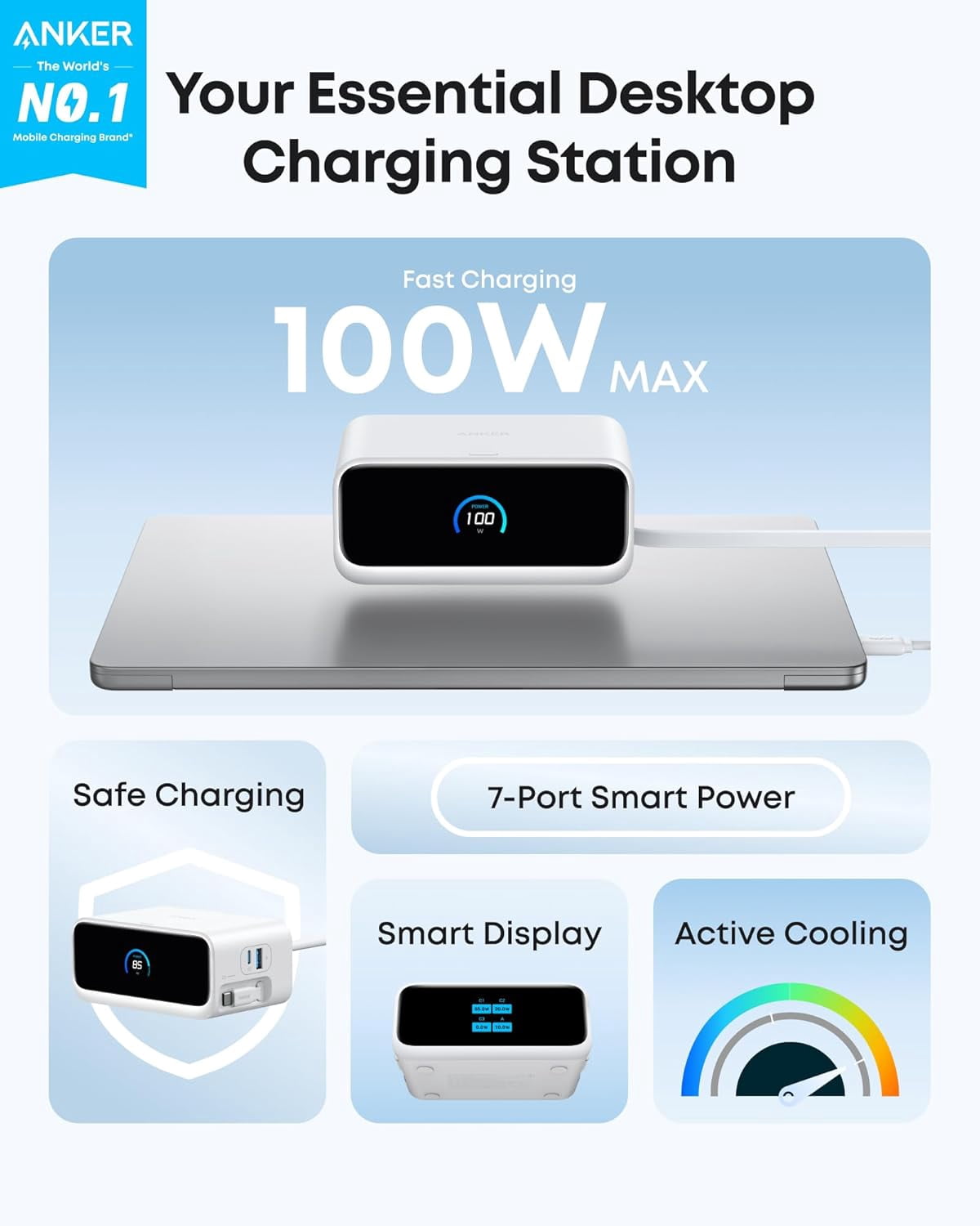 Anker Nano Charging Station, 7-in-1 USB-C Power Strip, 2.3 ft Anker InstaCord Retractable Cable