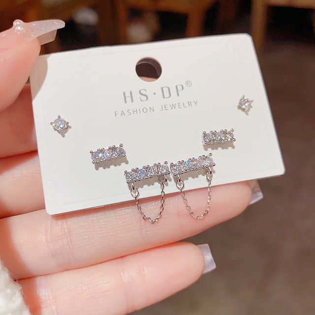 Pendientes cortos con microincrustaciones de circonitas y aguja de plata S925, pendientes de pelo corto, pendientes elegantes japoneses y coreanos de tres piezas, sencillos y combinables para mujer