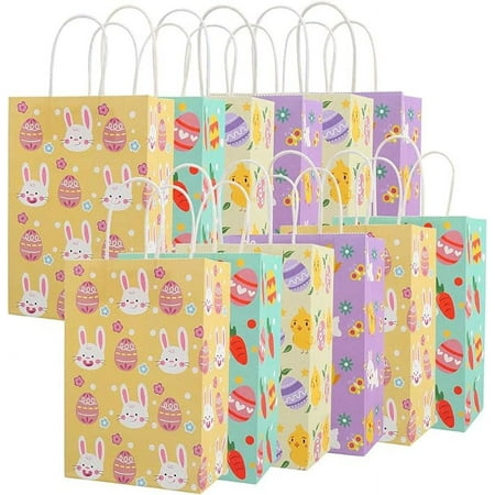 CCINEE 12PCS Easter Gift Bags,Bunny Kraft Paper Treat Bags with Handles Egg Chick Candy Bag for Kids Party Gift Wrapping