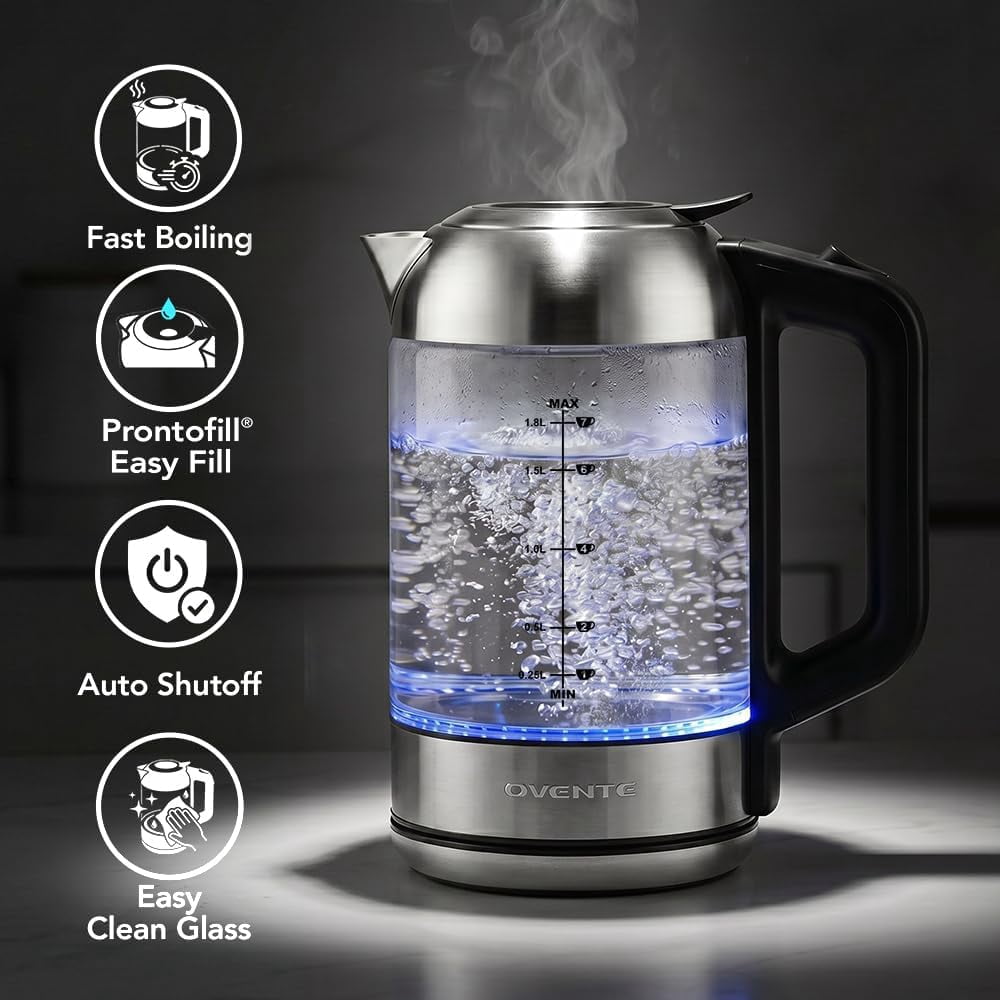 OVENTE Electric Kettle, 1.8L Glass Tea Kettle & Stainless Steel BPA-Free Cordless Electric Kettle, 1500W Fast Boil Electric Pot with Easy-Fill Lid, Auto Shut-Off & Boil Dry Protection, Silver KG751S