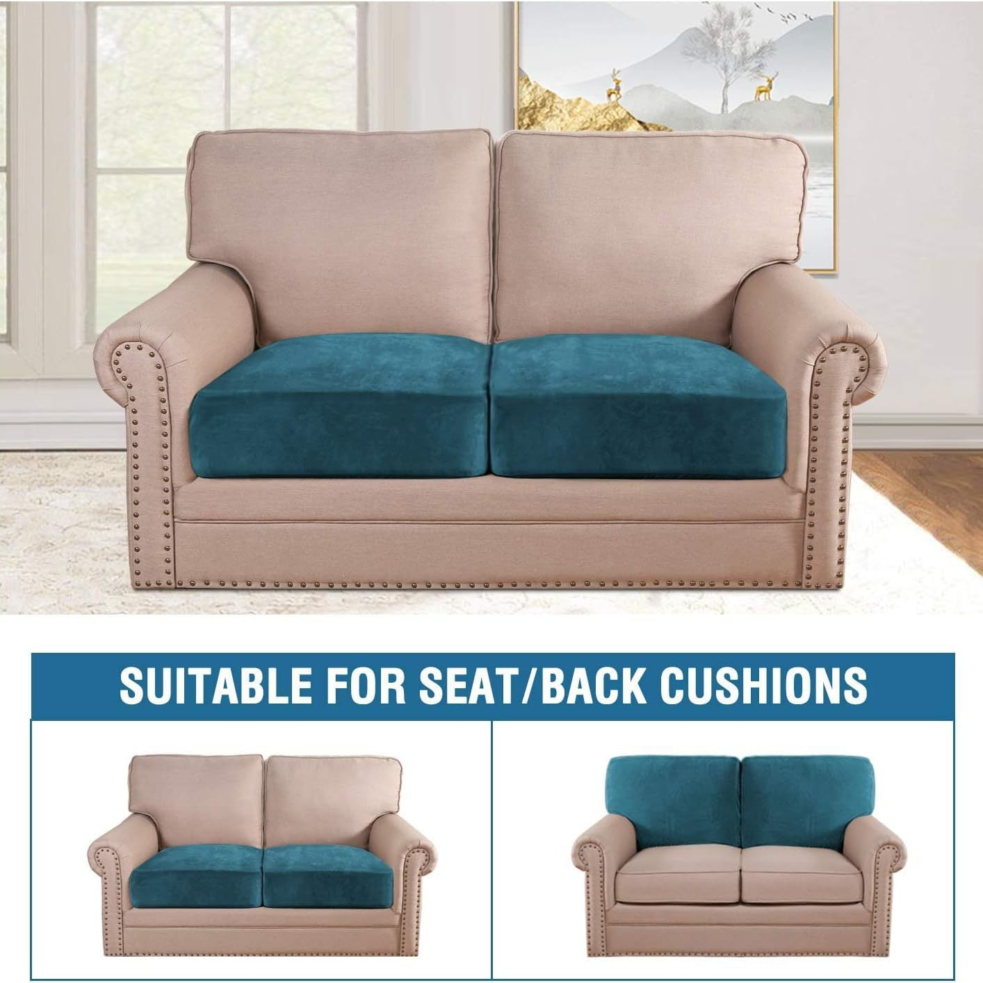 Velvet Stretch Couch Cushion Cover Plush Cushion Slipcover for Chair Sofa Cushion Furniture Protector Seat Cushion Sofa Cover Set of 2