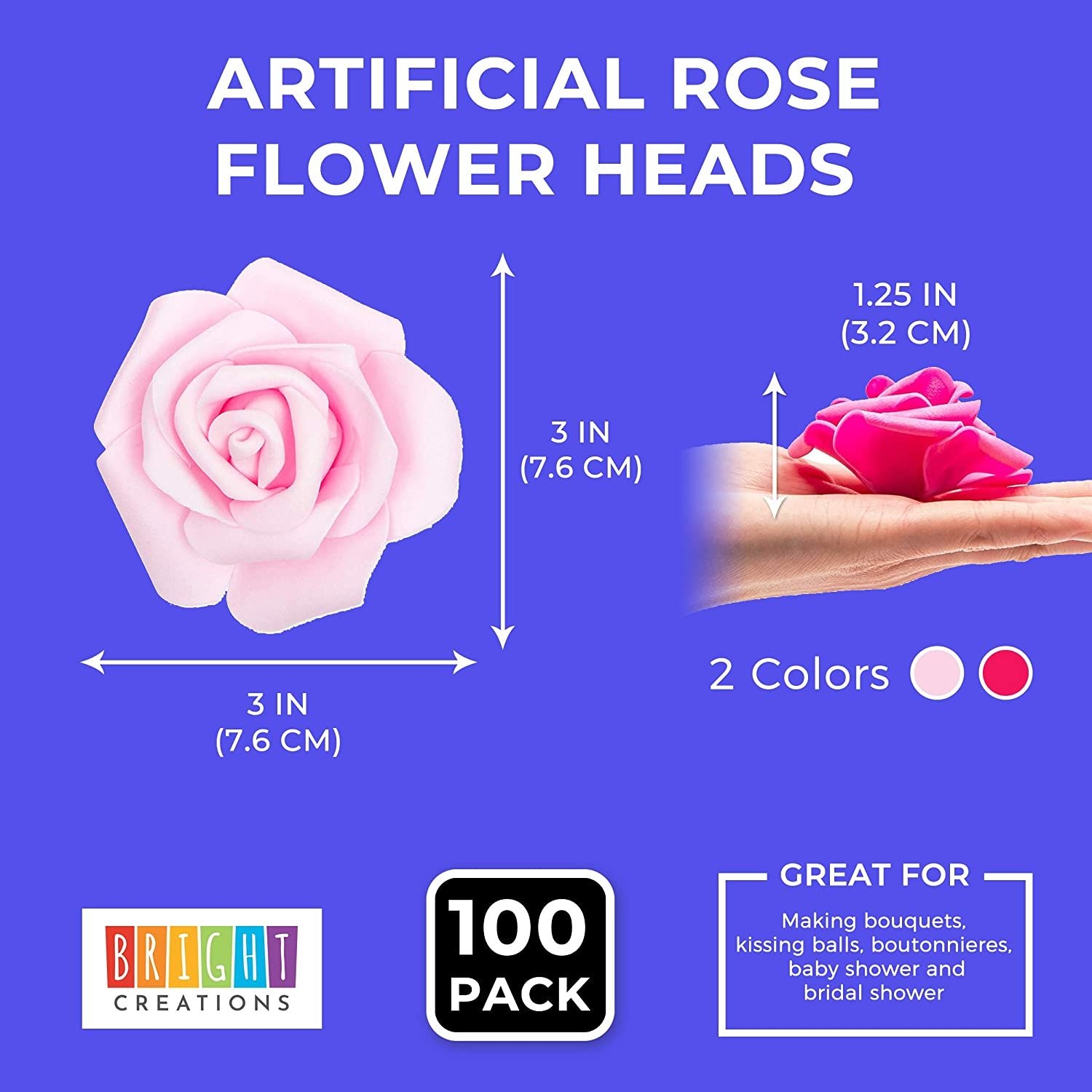 100 Pack Pink Roses Artificial Flowers, 3 Colors, 3x1.2 In Foam Flower Heads for Decoration, Wedding Centerpieces, Crafts, Wall Backdrops, Bridal Shower Decorations, DIY Arrangements