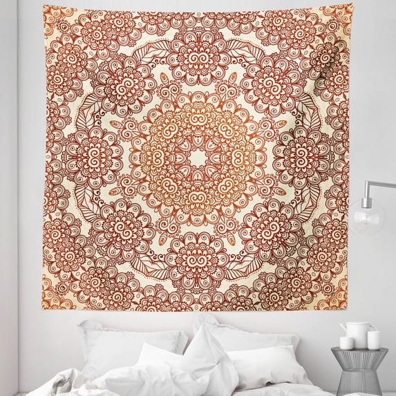 Ethnic Tapestry, Vintage Round Pattern Style Brown Tones Spring Flowers Illustrations, Fabric Wall Hanging Decor for Bedroom Living Room Dorm, 5 Sizes, Brown Pale Brown, by Ambesonne