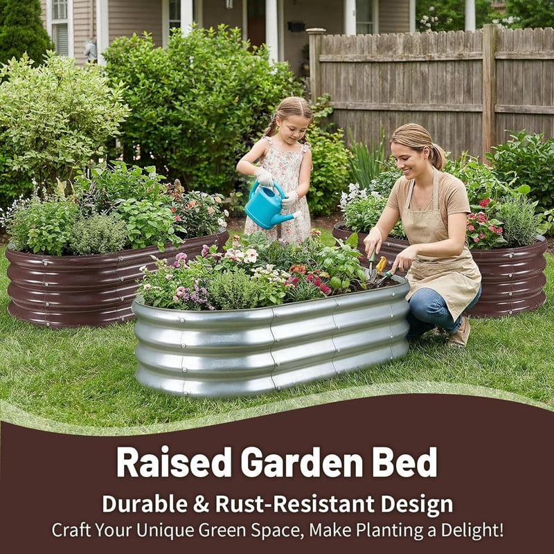 Galvanized Planter Raised Garden Bed, 4x2x1 ft Raised Garden Bed Kit for Gardening Outdoor, Oval Metal Land Planter Box for Vegetables, Flowers, Herbs, 2PCS