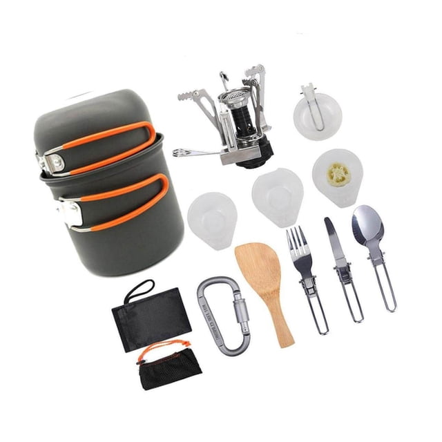 11pcs Camping Cookware Mess Kit w/ Pot Stoves Carabiner Set Color_B