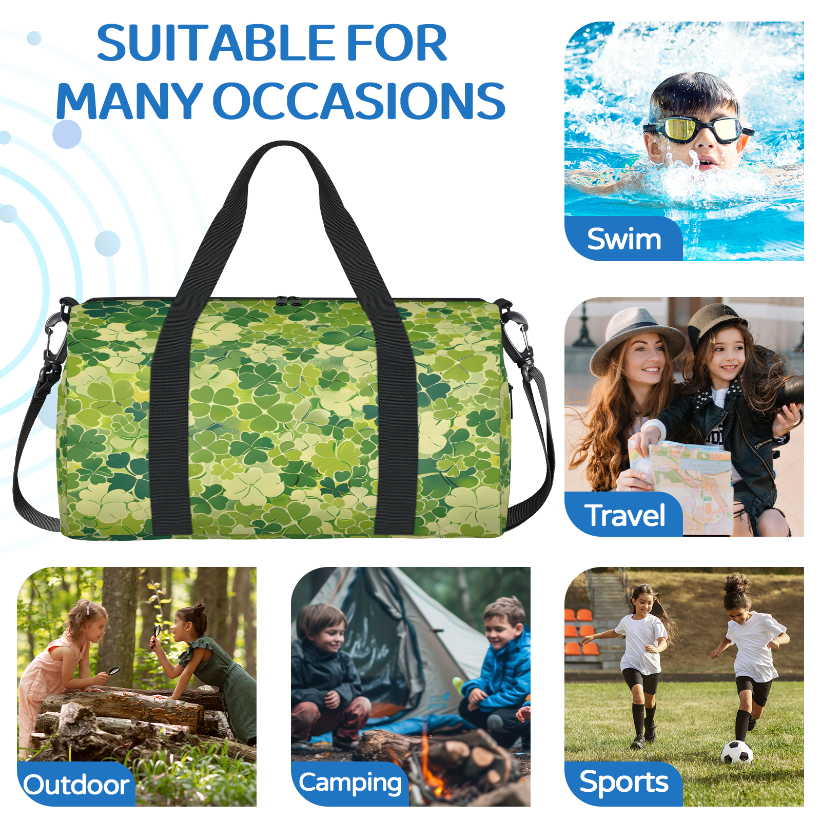 Herdesigns St. Patrick's Day Shamrock Clover Gym Bag for Women, Duffle Bag for Travel Sport, Lightweight Waterproof Carry on Weekender Overnight Dance Yoga Workout Bags
