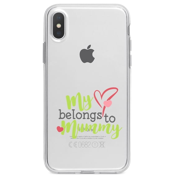 DistinctInk Clear Shockproof Hybrid Case for iPhone XR (6.1" Screen) - TPU Bumper Acrylic Back Tempered Glass Screen Protector - My Heart Belongs to Mummy