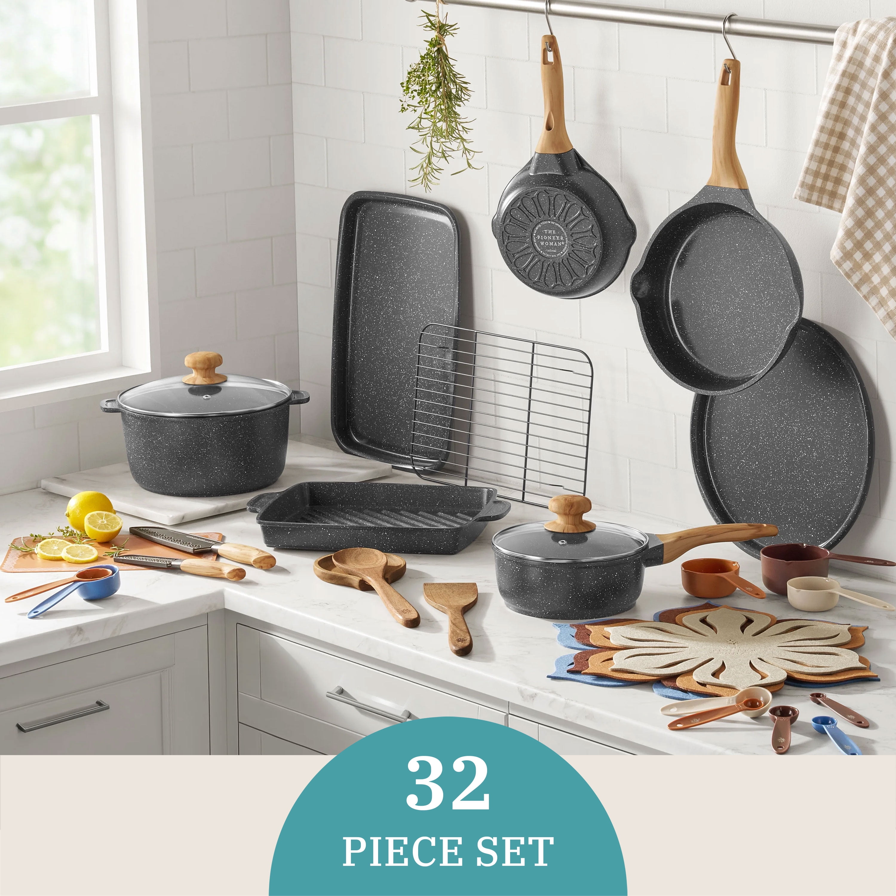 The Pioneer Woman 32-Piece Nonstick Cast Aluminum Cookware and Kitchen Utensil Set, Charcoal