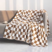 Khaki Checkered Flannel Blanket With Black And White Squares Pattern Soft Throw For Bed Sofa And Couch Cover 39.37 X 27.56 Inches 0.55 Pounds 1Pc