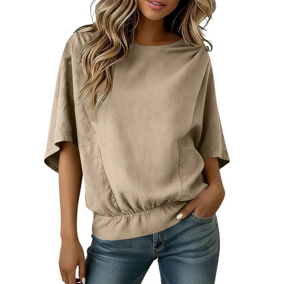 Purcolt Womens Cotton Linen Tops Summer Casual Crew Neck Half Sleeve T Shirts Comfortable Loose Fit Tunic Tops for Beach Vacation Party