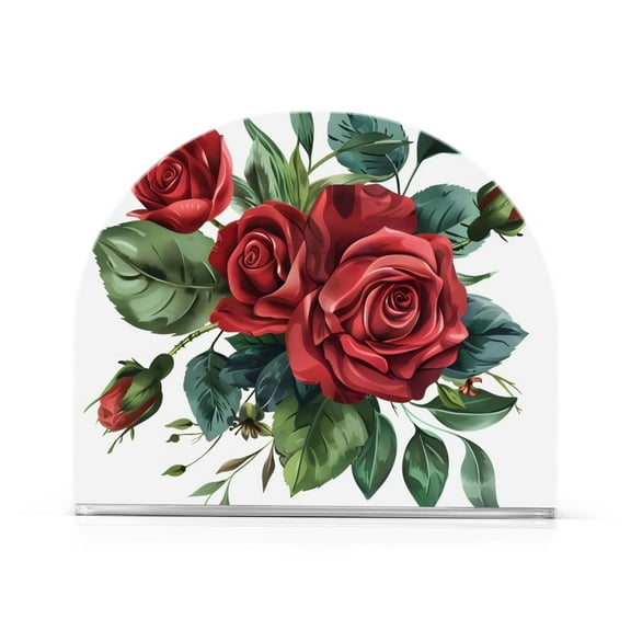 Red Roses Green Leaves Flowers Napkin Holder for Table Clear Napkin Stand Paper Holder Acrylic Organizer Dispenser Napkins for Dinner Kitchen Restaurant Room
