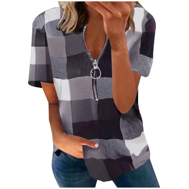 Blusa de camiseta informal con cremallera y estampado de manga corta con cuello en V de verano para mujer con estilo OAVQHLG3B Store lin121212