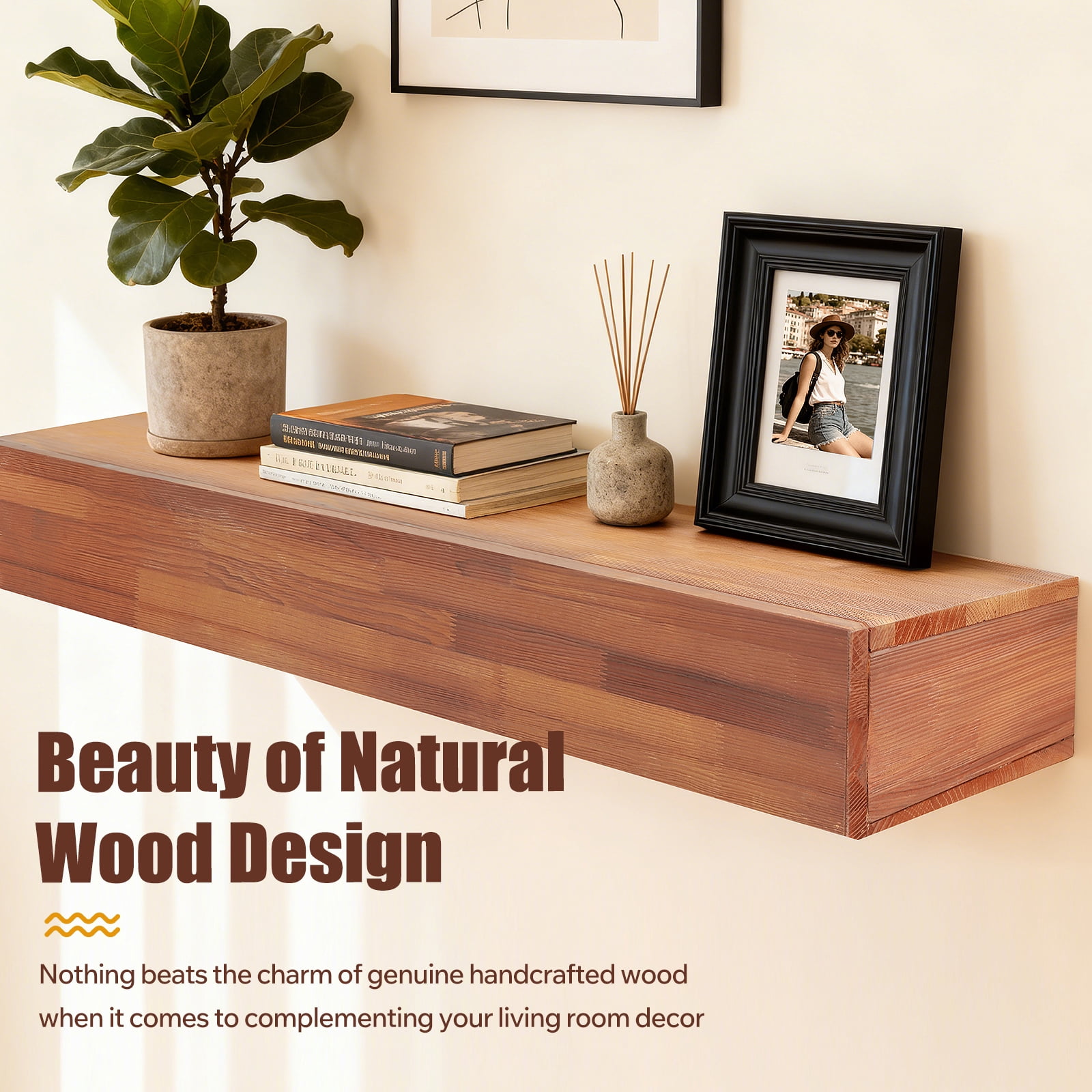 Hommoo 48" Rustic Wood Fireplace Mantel Wall-Mounted & Floating Shelf for Home Decor, Brown