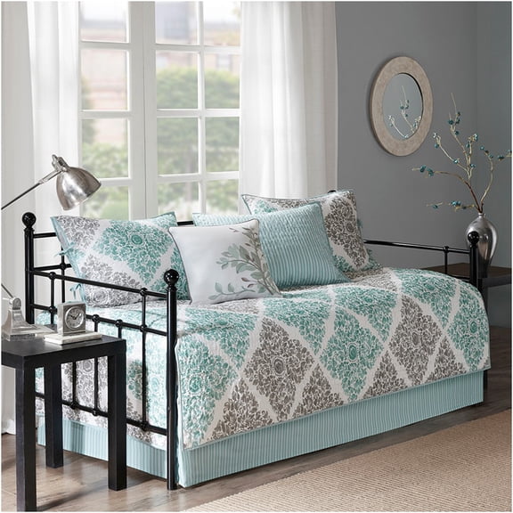 JERFIT Reversible Twin Daybed Cover Set 6-Piece, Aqua Grey Botanical Quilted Bedding Set with Shams & Bed Skirt