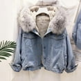 thumbnail image 2 of Winter Women's Denim Jacket with Faux Fur Hood, Sherpa Lined Oversized Puffer Coat, Thick Warm Quilted Lining, Heavy Duty Cold Weather Parka, 2 of 3