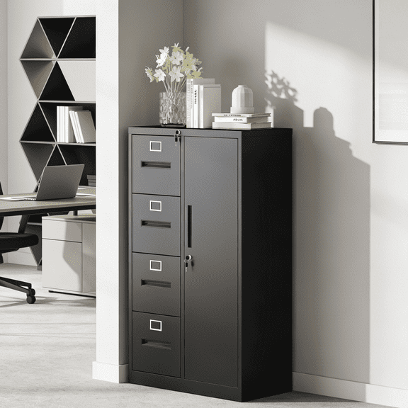 Black 4-Drawer Steel Vertical Filing Cabinet with Lock & Door, Secure Metal File Locker for Office Home