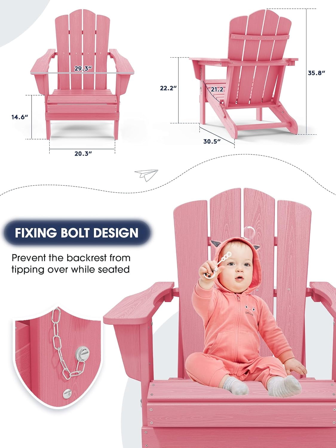 SONGMY Folding Adirondack Chair, HDPE All-Weather Patio Chairs, Wooden Textured Lawn Chair for Poolside, Backyard, Deck, Fire Pit, Light Pink