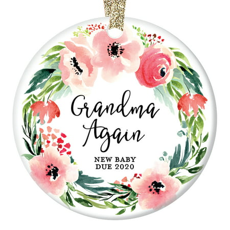 Grandma Again Christmas Ornament 2019, Pregnancy Reveal Announcement We're Expecting, 2nd Baby Grandmother Xmas Pink Floral Wreath Ceramic 3