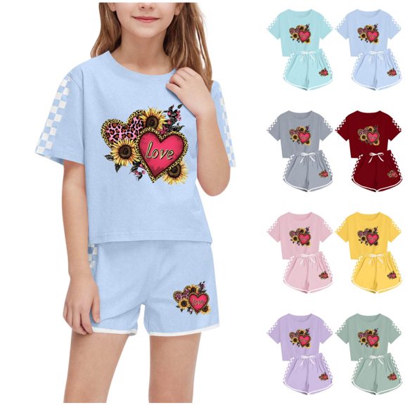 BXSRUTA Boys and Girls Kids 2 Piece Summer Outfit Casual Short Sleeve Round Neck T-Shirt with Printed Shorts Set