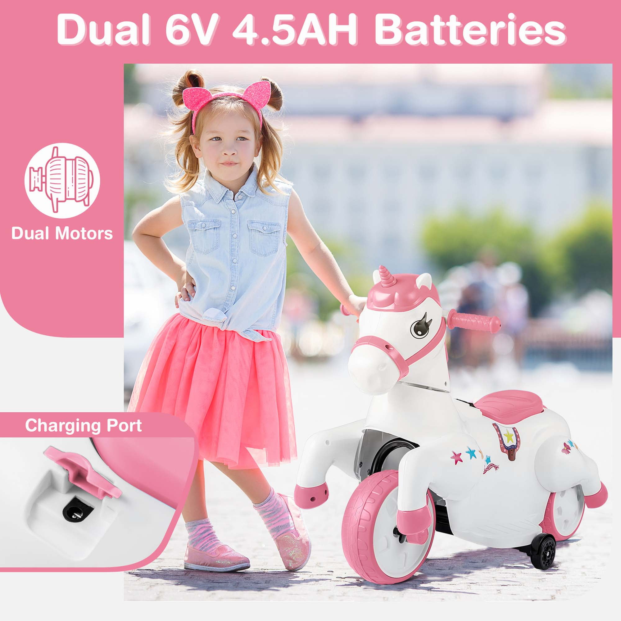 Costway 12V Kids Ride on Unicorn Toy with Training Wheels Music One-button Start Horse Toy Pink