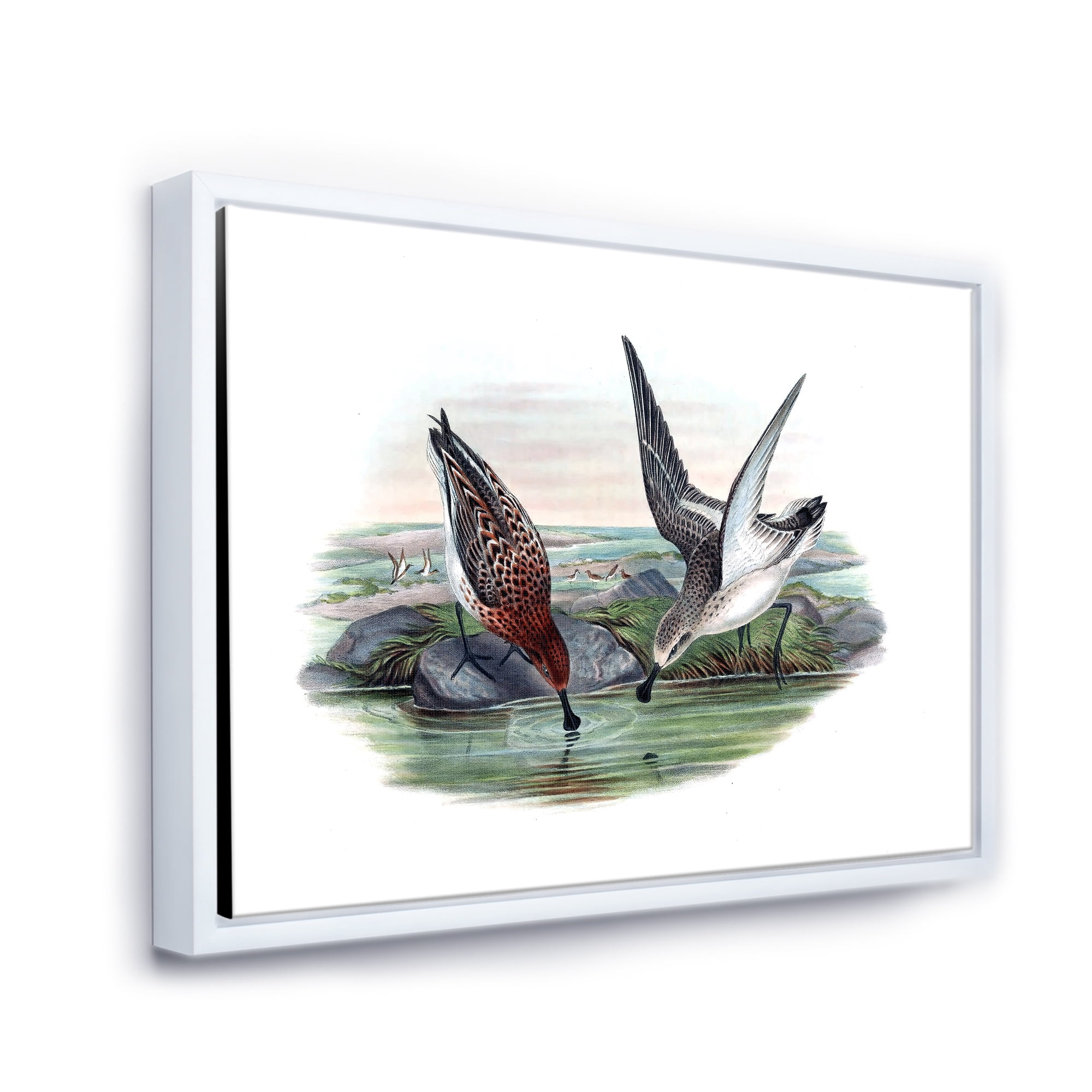 Vintage Countryside Two Birds In Lake 40 in x 30 in Framed Painting Canvas Art Print, by Designart