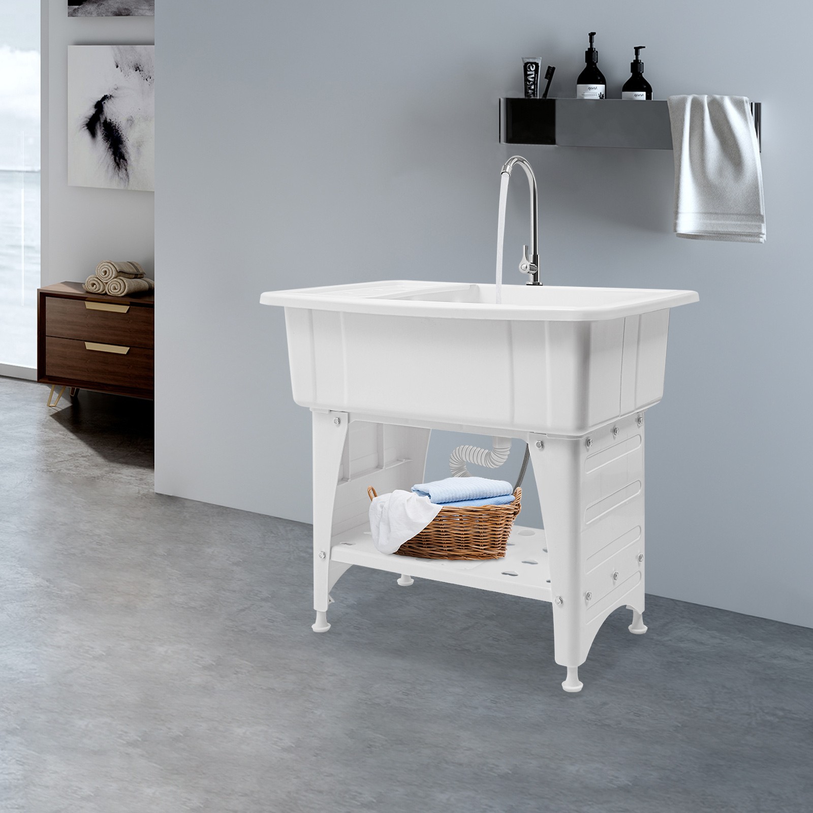 Laundry Sink Utility Tub 220.46 lbs Capacity 37.5*110cm for Washing Room Freestanding Adjustable Foot Height