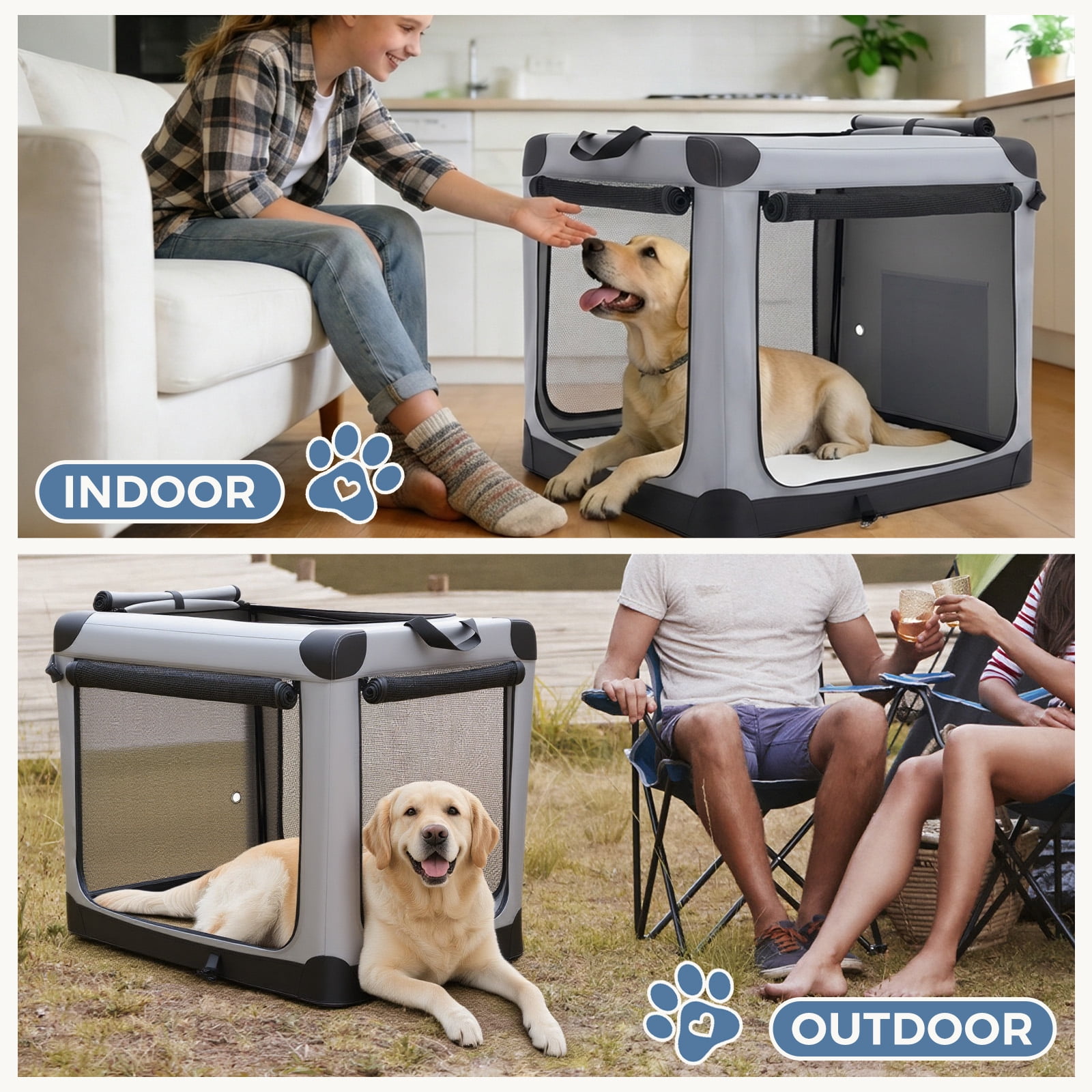 Foldable Soft Dog Crate, 600D Oxford Fabric, Portable Pet Kennel with 3 Doors, Indoor & Outdoor Use for Small to Extra Large Dogs