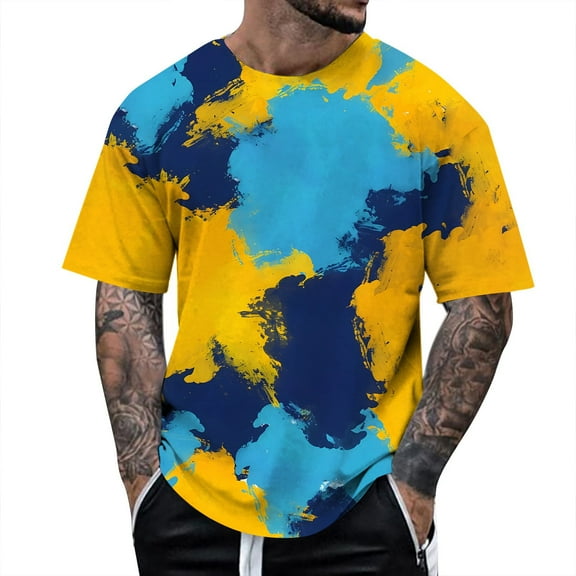 FINALGANG Mens Short Sleeve Crewneck TShirts With Colorful Paint Splatter Print Casual Loose Fit Streetwear Tees For Summer Holiday Daily Wear Yellow S