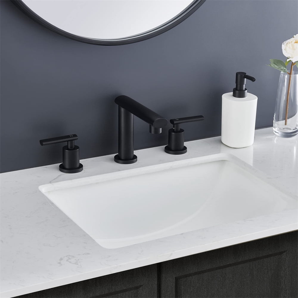 Tcbosik Matte Black 2-Handles Modern Vanity Faucet with Pop Up Drain Assembly and Lead-Free Supply Hose, ,8-Inch 3 Hole Waterfall Bathroom Sink Faucet for Washroom and Kitchen