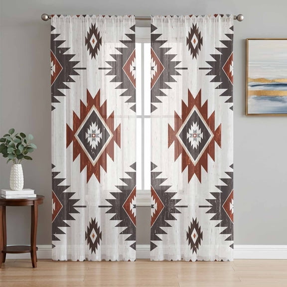 Red Aztec Sheer Curtains 96 Inch Length 2 Panels Set, Southwest Boho Abstract Geometric Aesthetic Voile Window Treatment Semi Sheer Long Curtains Drapes for Bedroom/Living Room/Kitchen 52"x96"x2
