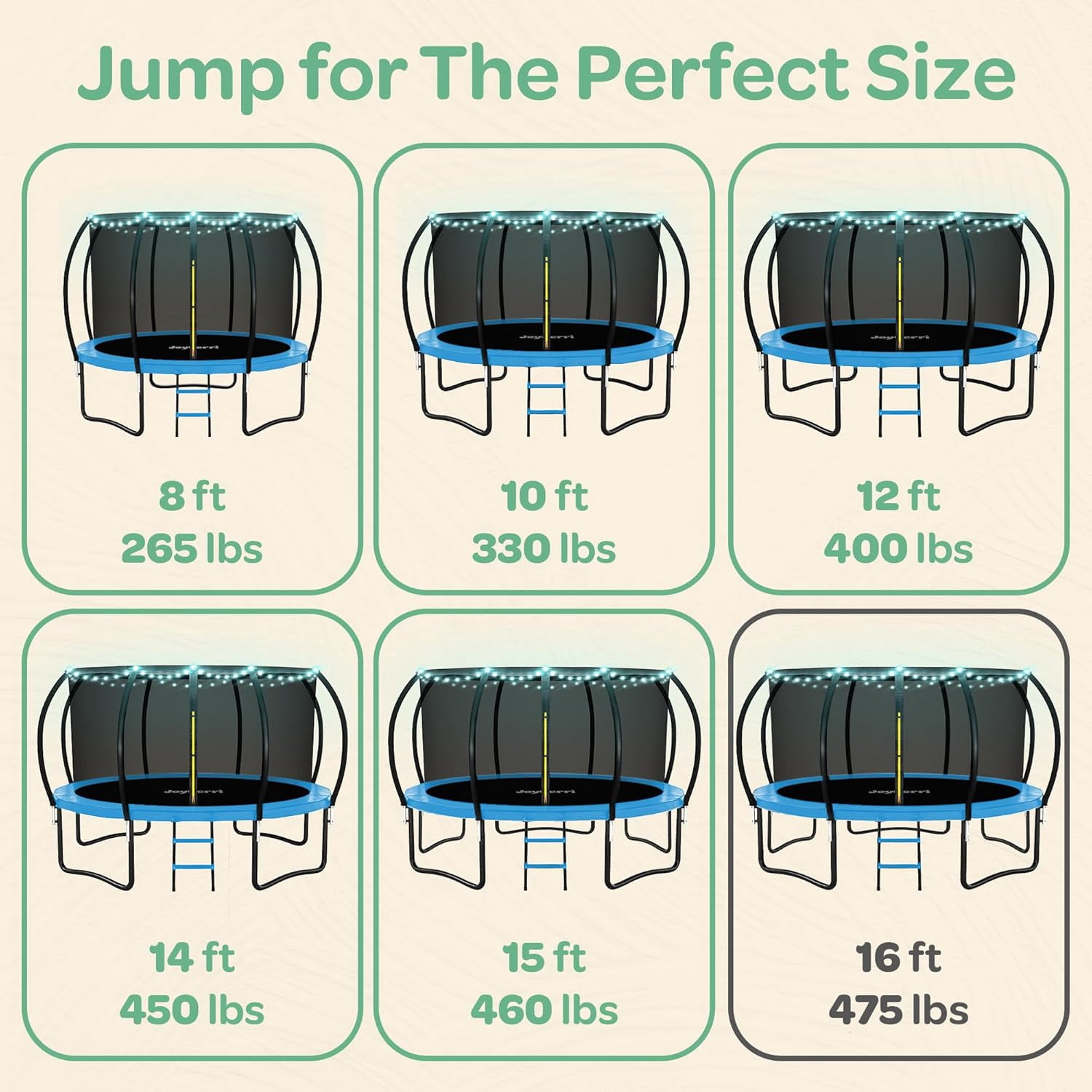 JoyBerri Outdoor Trampoline with Enclosure Net, Ladder, LED Lights & Sprinkler – ASTM Certified Safe, Rust-Resistant Steel Frame – 16FT Size - Blue