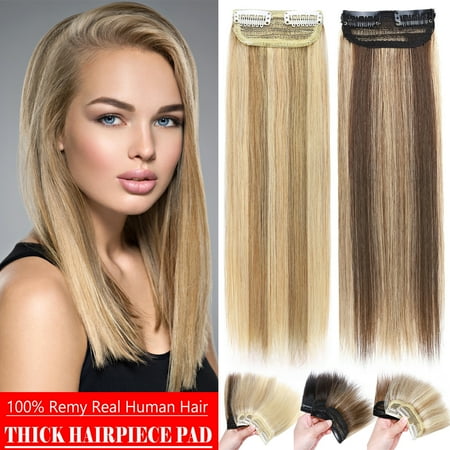 Benehair Clip in 100% Remy Human Hair Extensions Fluffy Hair Pad Invisible Hairpiece Topper Thickened Soft Thin Hair Black 3 Pieces