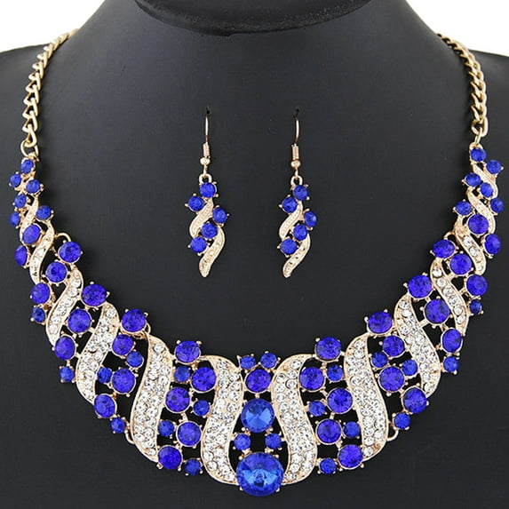 UDIYO Women Rhinestone Spiral Bib Necklace Hook Earrings Statement Party Jewelry Set