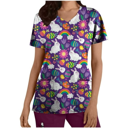 

Yyeselk Womens Happy Easter Short Sleeve Scrub Tops Trendy Graphic Tee Shirts Blouse V Neck Tunic 50% off Discount Tshirt 2023 Purple S