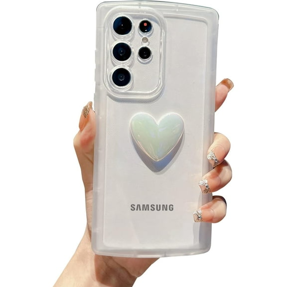 Compatible with Samsung Galaxy S22 Ultra Phone Case Women Cute 3D Love Heart Case Camera Lens Protection Soft Silicone Shockproof Clear Case for Galaxy S22 Ultra 5g 6.8 inch (White)