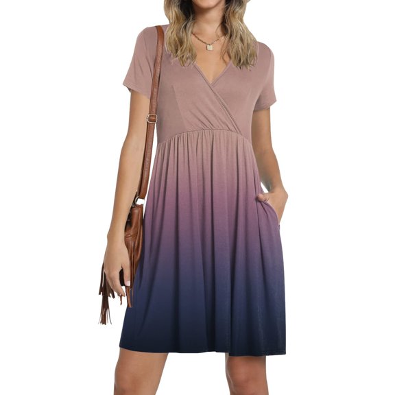 Lilgiuy Women's V Neck Printed Short Sleeves Suspenders Pockets Pullover Dress