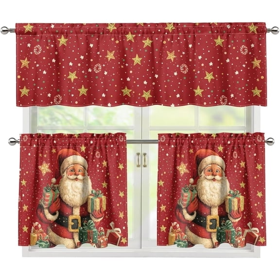 Christmas Kitchen Curtains and Valances Set 24 Inches Long, Santa Claus Rod Pocket Window Panels Wrinkle Free Bathroom Window Curtains Privacy Christmas Kitchen Decorations