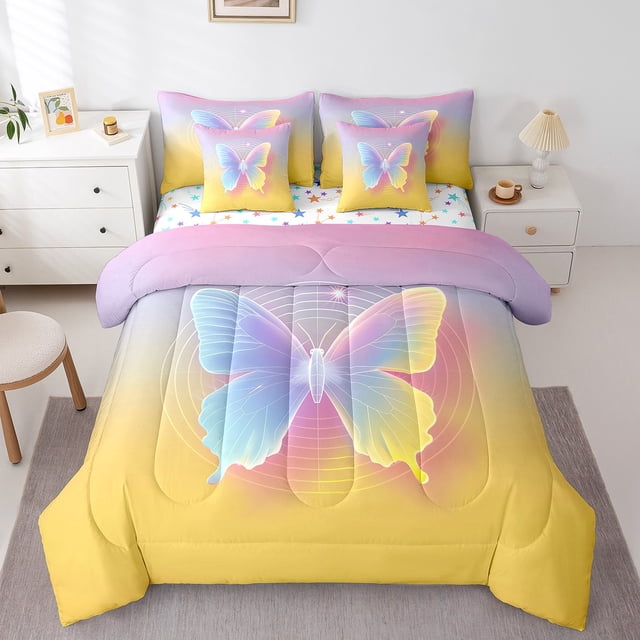 Erosebridal Ensemble de Lit Papillons de Rêve Tout-en-un Format Simple, Ensemble de Lit Jaune et Bleu, Literie Réversible Animaux de Dessin Animé Format Simple, Déco de Chambre Ultra Douce, 7 Pcs