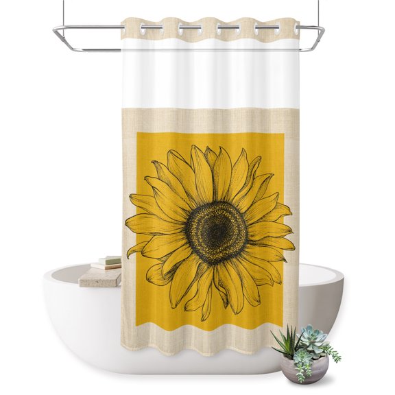 No Hook Shower Curtain, Vintage Sunflowers Shower Curtains for Bathroom with See Through Top Window, Farmhouse Botanical Flowers Rustic Waterproof & Washable Bath Curtain Stand Up Stall 36"x72"