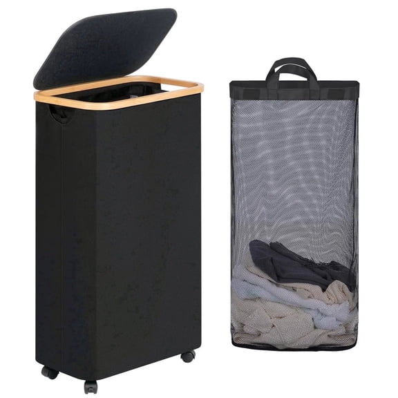 Slim Laundry Hamper with Lid and Wheels, 110L Large Collapsible Laundry Basket, Clothes Hamper with Bag Removable Easy to Carry, Dirty Hampers for Bedroom, Bathroom, Laundry Room-Black