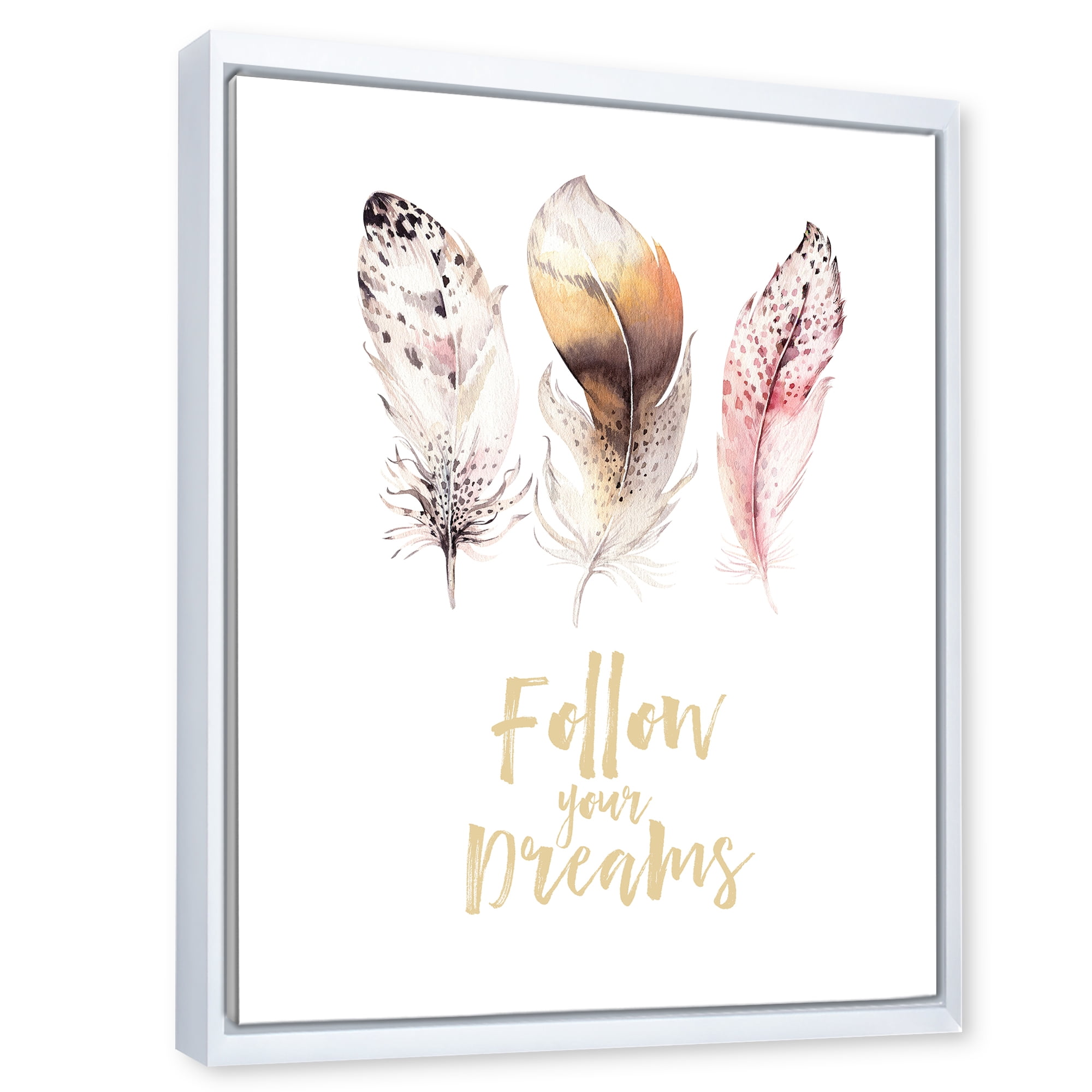 Designart 'Multicolored Boho Art Feathers Follow Your Dreams' Bohemian & Eclectic Framed Canvas Wall Art Print