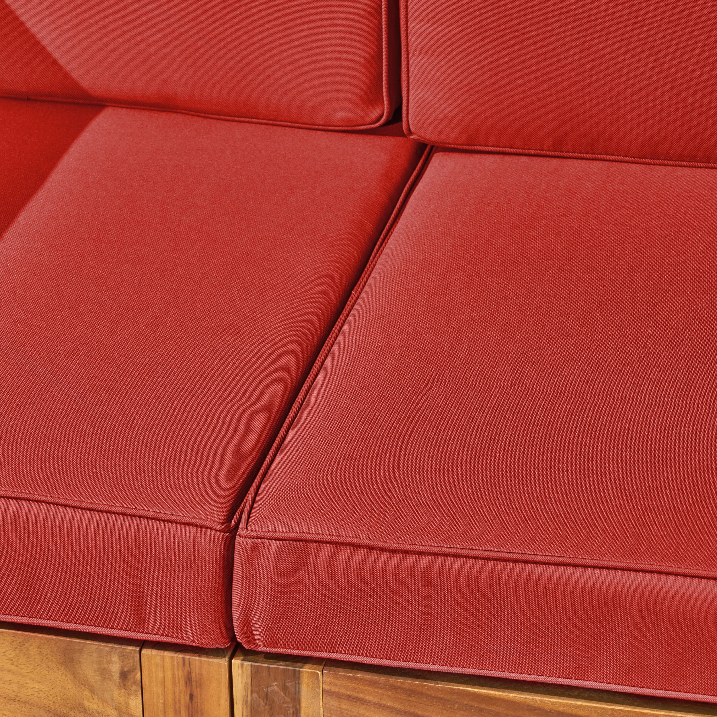 Graham Outdoor 9 Seater Acacia Wood Sectional Sofa Set, Teak Finish, Red