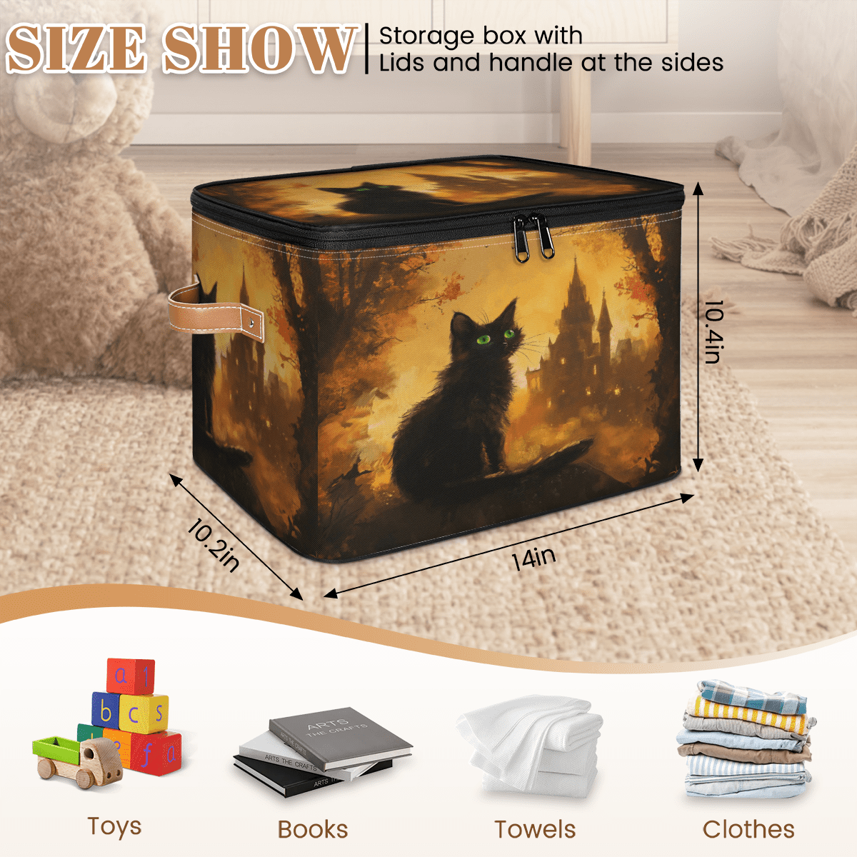 ADECORIVY Black Cat Halloween Storage Bin with Zipper Lid, Fabric Foldable Shelf Baskets Boxes, Closet Lidded Storage Bins, Decorative Clothes Organizer for Bedroom Home