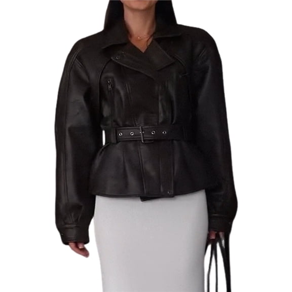 Female Fall Belted Faux Leather Jacket Business Casual Faux Leather Short Trench Coat Black XL
