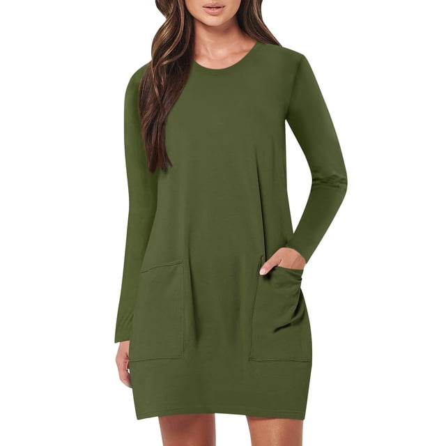 Robe Grande Taille pour Femmes 2025 Automne Été Tendance Décontractée Ample à Manches Longues à Col Rond Longueur Genou avec Poches